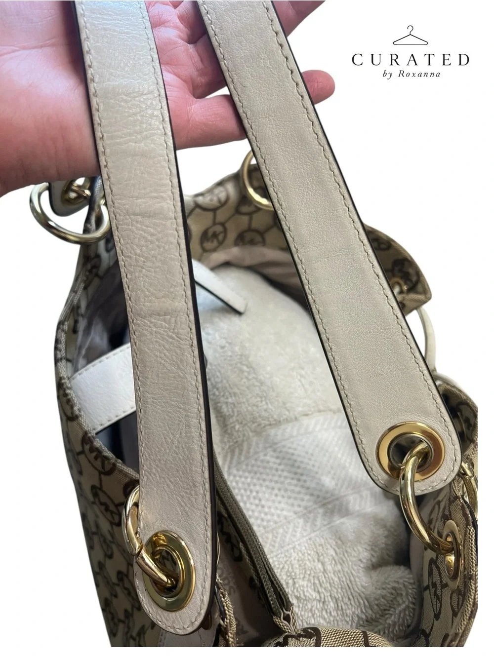 Michael Kors Signature MK Logo Drawstring Bucket Bag White Leather Trim/hardware